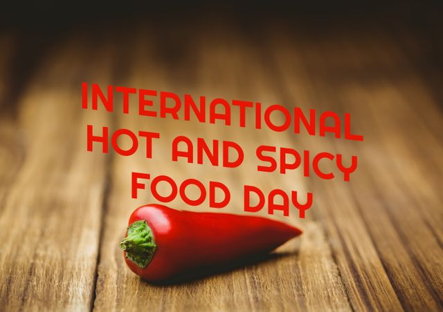 Digital composite image of international hot and spicy food day over red chili pepper on table. text, communication, spice, food and spicy food day concept.