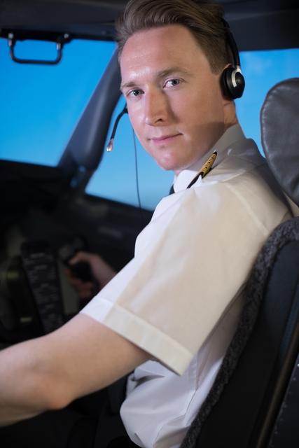 Portrait of confident young male pilot sitting in cockpit - Download Free Stock Photos Pikwizard.com