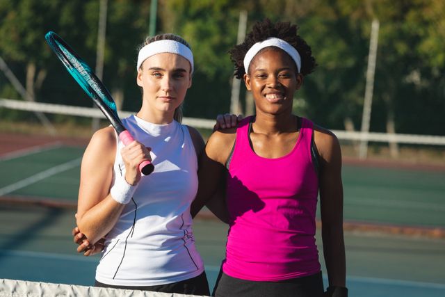 Portrait of multiracial young female tennis players standing with arm around at court on sunny day. unaltered, sport, competition and tennis game concept.