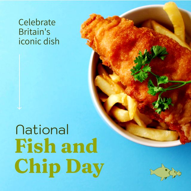 Celebrate britain's iconic dish, national fish and chip day text with fish and french fries in bowl. Copy space, digital composite, food, seafood, campaign, funding, fishing industry concept.