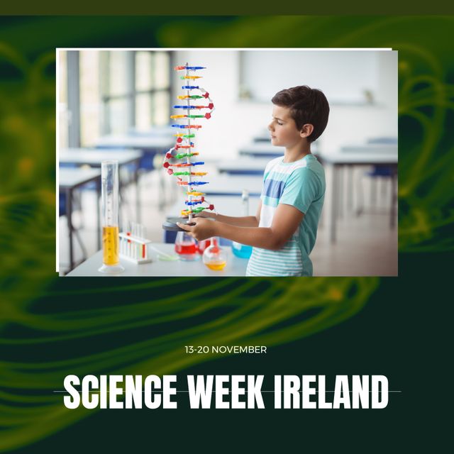 Composition of science week ireland text over caucasian boy in lab. Science week ireland and celebration concept digitally generated image.