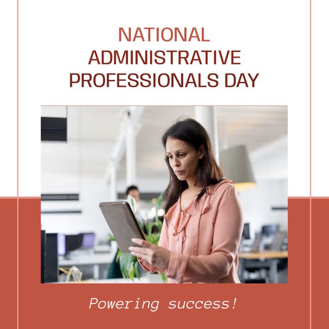 National administrative professionals day text over biracial businesswoman in office. Business and office professionals and working concept.