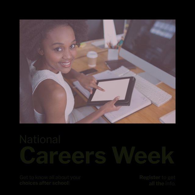 Composition of national careers week text and smiling biracial businesswoman in office. National careers week, career and professional development concept digitally generated image.