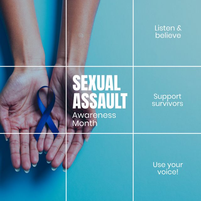 Composition of sexual assault awareness month text over hands with cancer ribbon. Sexual assault awareness month and celebration concept digitally generated image.