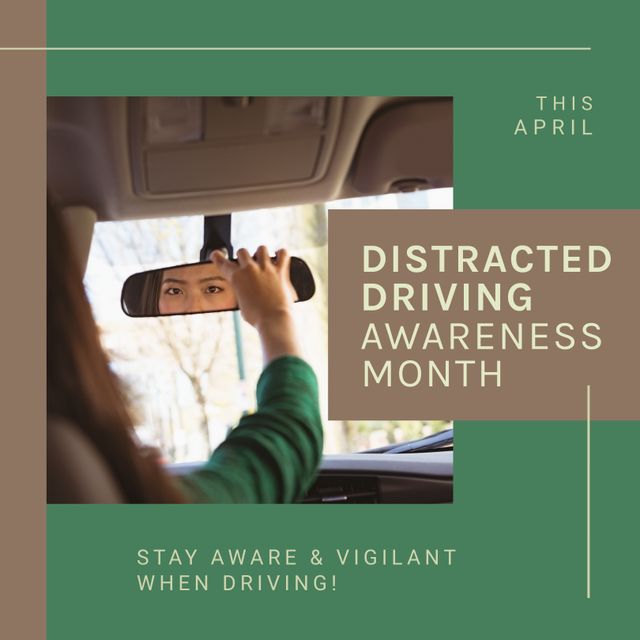 Composition of distracted driving awareness month text over green and black background. Distracted driving awareness month and celebration concept digitally generated image.