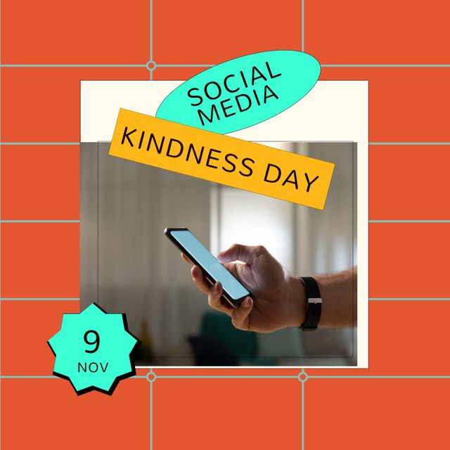 Composition of social media and kindness day texts over hand using smartphone. Social media and kindness day concept digitally generated image.