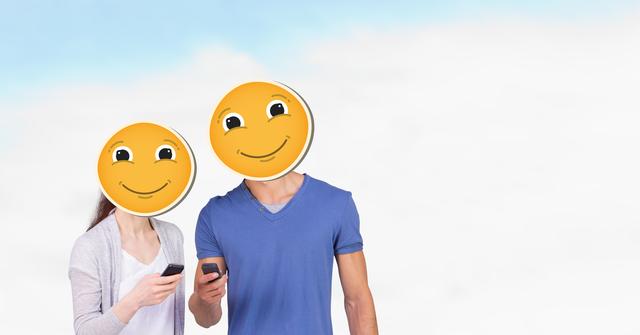 Digital composite image of man and woman with smiley faces using smart phones - Download Free Stock Photos Pikwizard.com