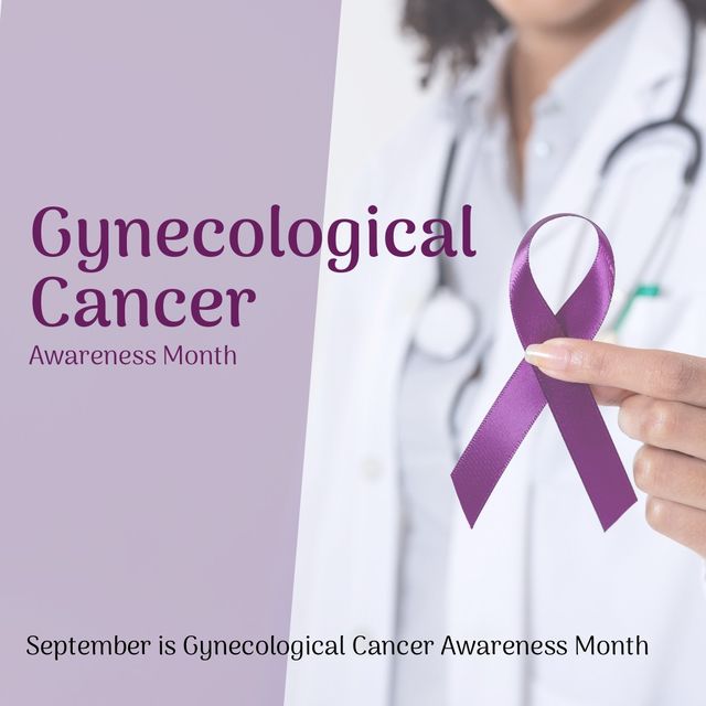 Composite of biracial female doctor with purple ribbon and gynecological cancer awareness month text. Midsection, copy space, cervical cancer, awareness, support, healthcare and prevention concept.
