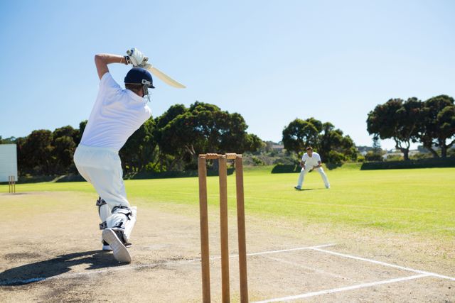 Rear view of player batting while playing cricket on field - Download Free Stock Photos Pikwizard.com