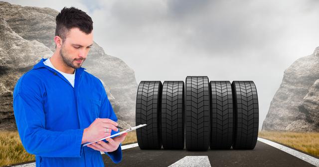 Mechanic writing on clipboard with tyres on road in background - Download Free Stock Photos Pikwizard.com