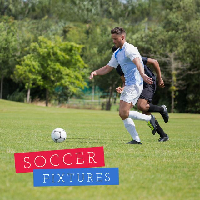 Square image of soccer fixtures over caucasian male players during training. Soccer, training, competition and sport concept.