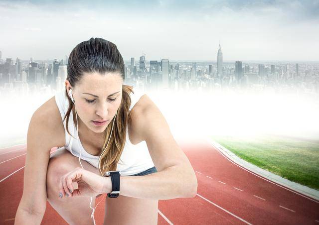 Digital composite of Female runner with headphones on track against blurry skyline