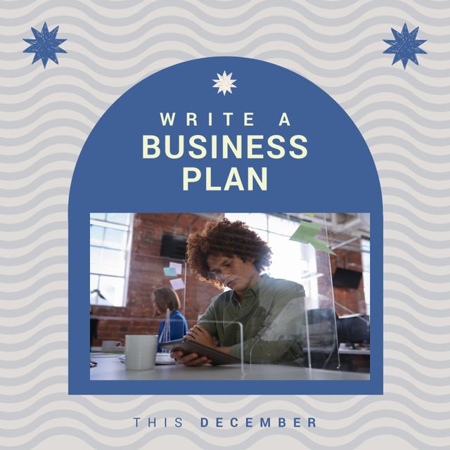 Square image of write s business plan text with businessman picture over blue background. Write business plan campaign.