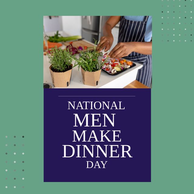 Composition of national men make dinner day text over african american man preparing dinner. National men make dinner day and celebration concept digitally generated image.