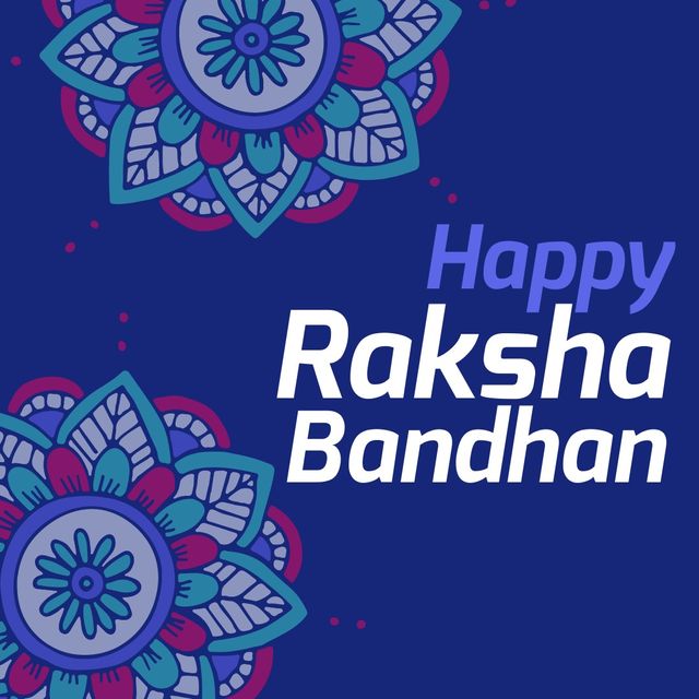 Illustration of floral patterned wristbands and happy raksha bandhan text on blue background. Copy space, vector, rakhi, hindu festival, tradition and celebration concept.