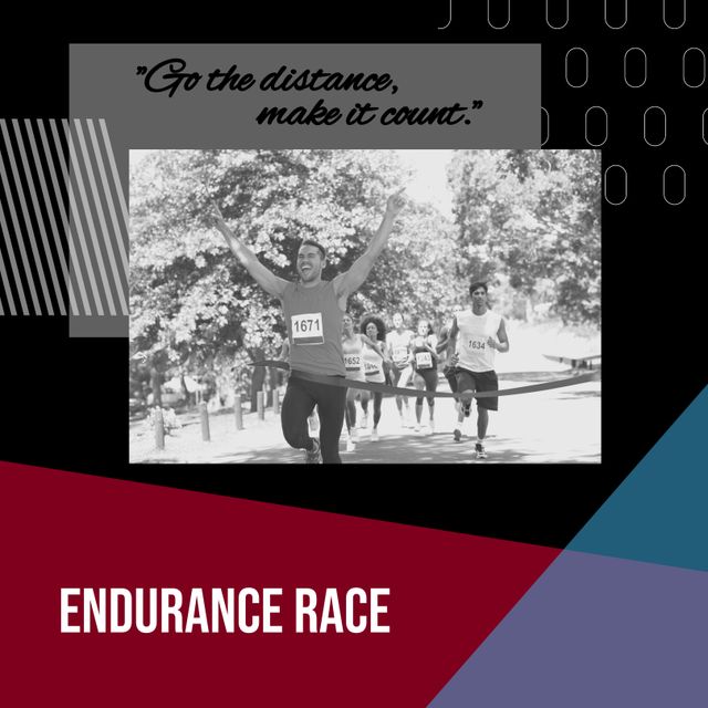 Composition of go the distance, make it count, endurance race texts over diverse people running. The london marathon and sport concept digitally generated image.