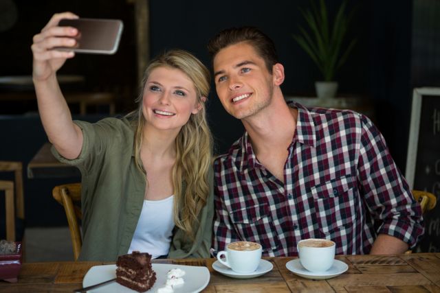 Smiling couple taking selfie with cell phone in cafeteria - Download Free Stock Photos Pikwizard.com