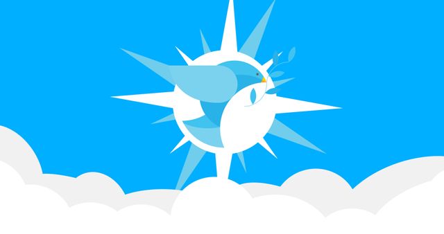 Vector image of bird flying over clouds against sun in clear blue sky, copy space. Illustration, international day of peace, avoid war and violence, celebration, hope, kindness, support.