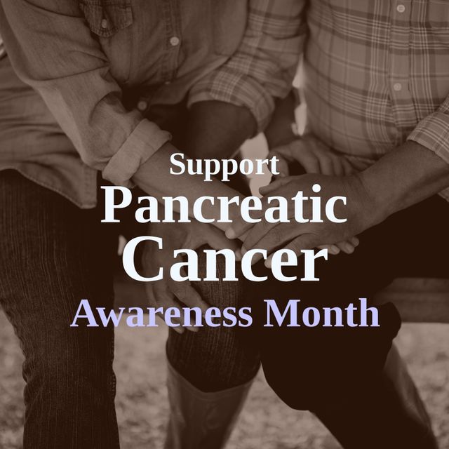Composition of support pancreatic cancer awareness month text with diverse people holding hands. Pancreatic cancer awareness month and celebration concept digitally generated image.