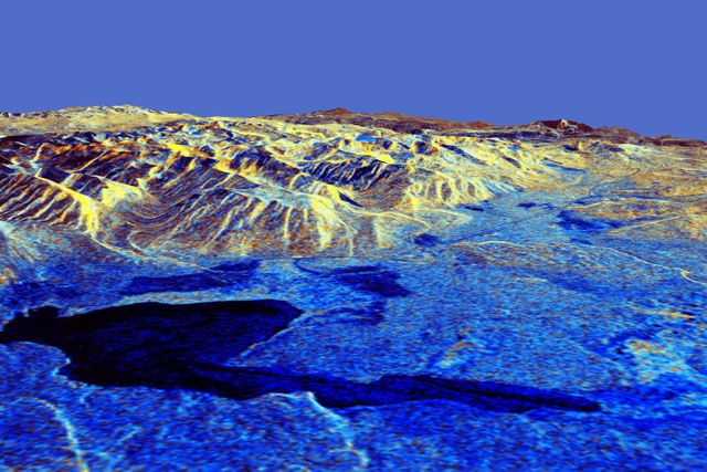 This is a three-dimensional perspective of Mammoth Mountain, California. This view was constructed by overlaying a NASA Spaceborne Imaging Radar-C SIR-C radar image on a U.S. Geological Survey digital elevation map.