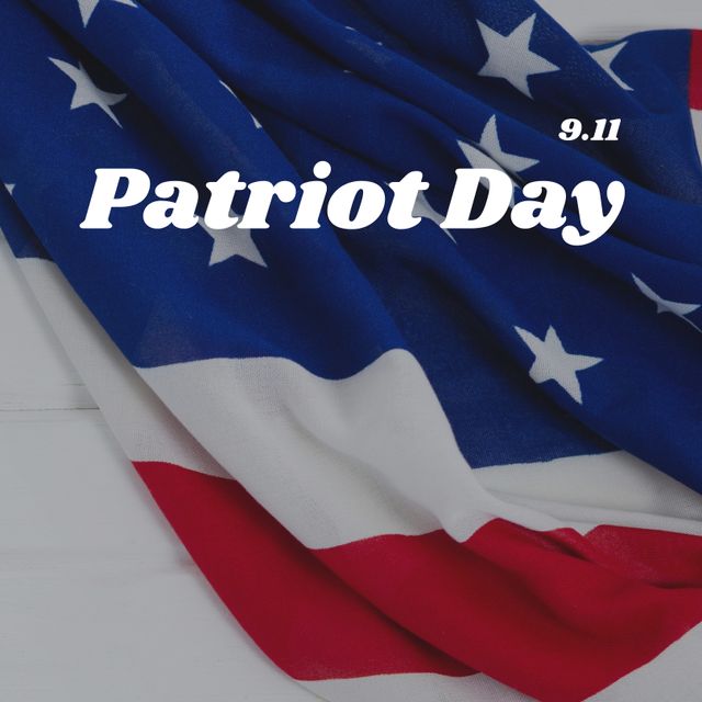 Digital composite image of patriot day and 9-11 text over flag of america, copy space. National flag, memorial, air attack, 911 remembrance, honor and patriotism concept.