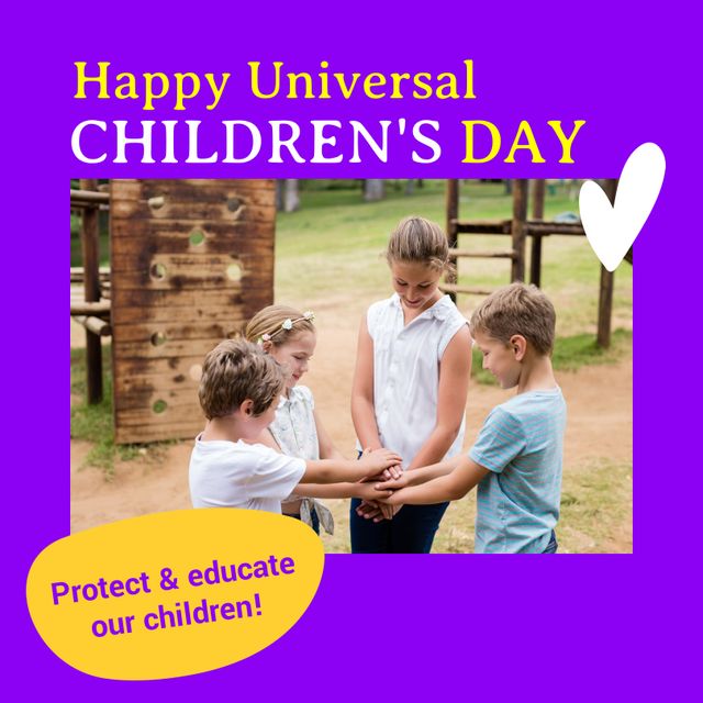 Composite of protect and educate our children text over caucasian children stacking hands in park. Happy universal children's day, friends, childhood, togetherness, welfare, awareness and promotion.
