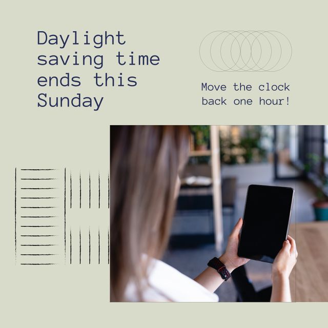 Composition of daylight saving time text over caucasian businesswoman with tablet. Daylight saving time and clock concept digitally generated image.
