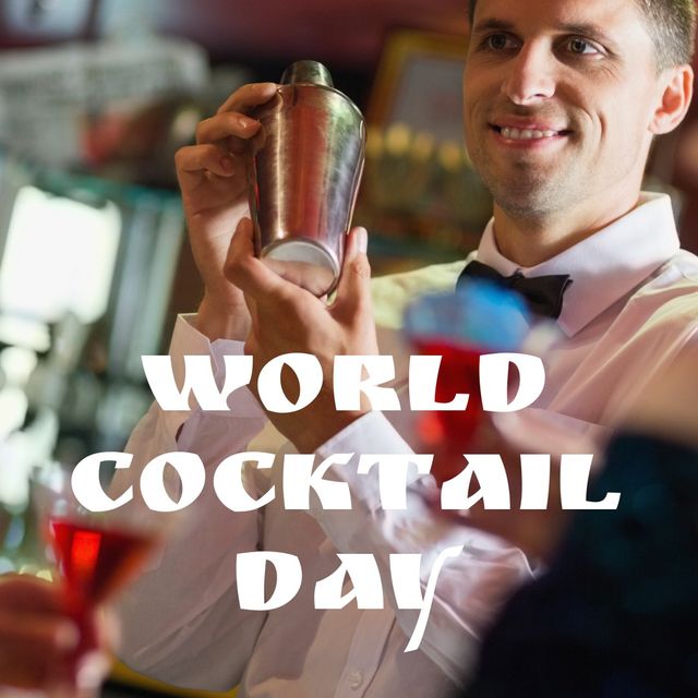 World cocktail day text banner against caucasian male bartender mixing drinks at the bar. world cocktail day awareness concept