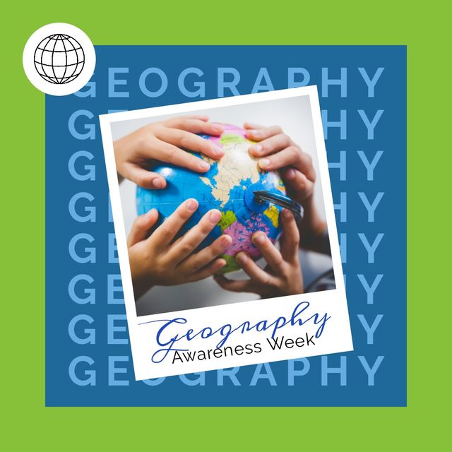 Square image of geography awareness week text with hands of two children holding globe, on green. American awareness celebration, geography, education and learning concept digitally generated image.