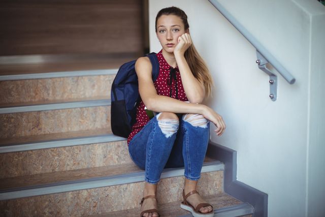 Portrait of sad schoolgirl sitting alone on staircase - Download Free Stock Photos Pikwizard.com