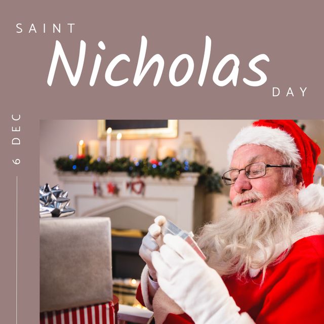 Composition of saint nicholas day text over santa claus holding present. Saint nicholas day, christmas festivity, tradition and celebration concept.