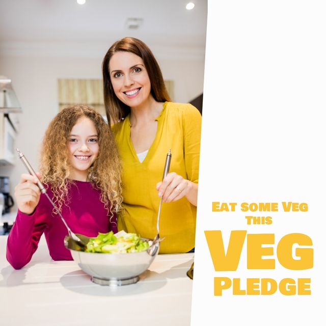 Image of happy caucasian mother and daughter with salad and eat some veg this veg pledge. Image of shopping bag with vegetables and veg pledge on orange background.