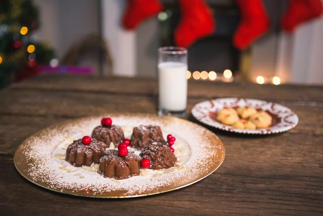 Various christmas desserts on plate with a glass of milk during christmas time