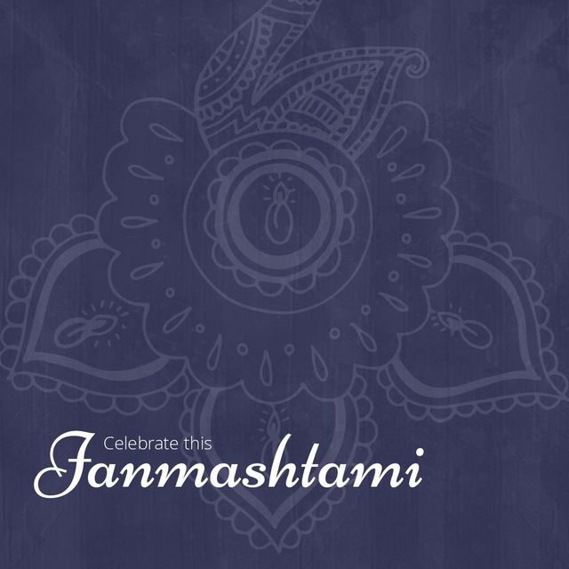 Illustrative image of rangoli and celebrate this janmashtami text over blue background, copy space. Design, vector, hindu festival, krishna, tradition and celebration concept.