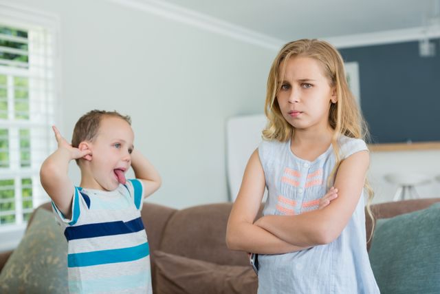 Brother teasing his sister while standing with arms crossed - Download Free Stock Photos Pikwizard.com