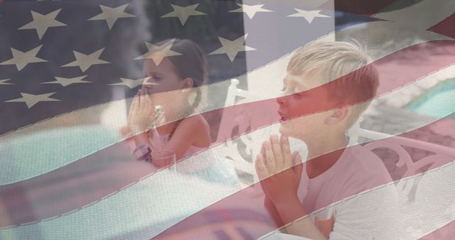Image of american flag over caucasian family having dinner and praying - Download Free Stock Photos Pikwizard.com