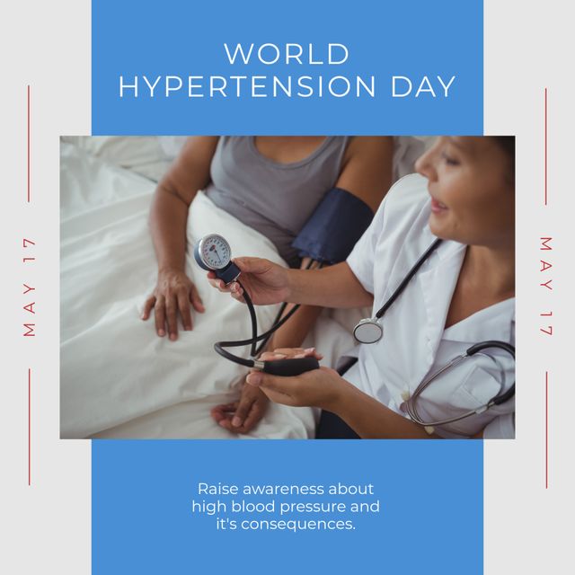 Composite of diverse doctor examining bp of patient with gauge and may 17, world hypertension day. Text, raise awareness about high blood pressure and its consequences, healthcare and prevention.