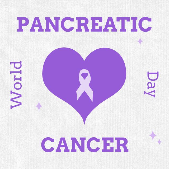 Composition of world pancreatic cancer day text with purple ribbon and heart on white background. Pancreatic cancer day and celebration concept digitally generated image.
