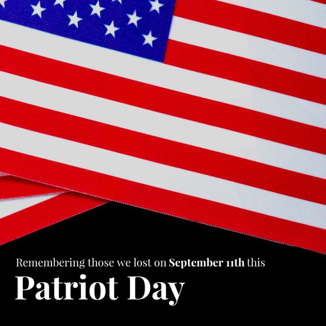 Illustration of remembering those we lost on september 11th this patriot day and flags of america. Text, copy space, black background, memorial, air attack, 911 remembrance, honor and patriotism.