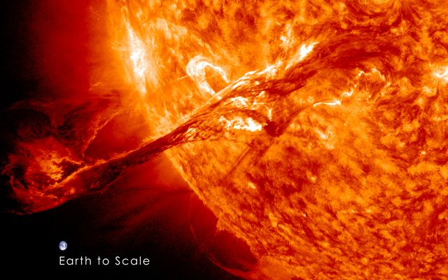On August 31, 2012 a long filament of solar material that had been hovering in the sun's atmosphere, the corona, erupted out into space at 4:36 p.m. EDT. The coronal mass ejection, or CME, traveled at over 900 miles per second. The CME did not travel directly toward Earth, but did connect with Earth's magnetic environment, or magnetosphere, causing aurora to appear on the night of Monday, September 3.   The image above includes an image of Earth to show the size of the CME compared to the size of Earth.  Credit: NASA/GSFC/SDO  <b><a href="http://www.nasa.gov/audience/formedia/features/MP_Photo_Guidelines.html" rel="nofollow">NASA image use policy.</a></b>  <b><a href="http://www.nasa.gov/centers/goddard/home/index.html" rel="nofollow">NASA Goddard Space Flight Center</a></b> enables NASA’s mission through four scientific endeavors: Earth Science, Heliophysics, Solar System Exploration, and Astrophysics. Goddard plays a leading role in NASA’s accomplishments by contributing compelling scientific knowledge to advance the Agency’s mission.  <b>Follow us on <a href="http://twitter.com/NASAGoddardPix" rel="nofollow">Twitter</a></b>  <b>Like us on <a href="http://www.facebook.com/pages/Greenbelt-MD/NASA-Goddard/395013845897?ref=tsd" rel="nofollow">Facebook</a></b>  <b>Find us on <a href="http://instagrid.me/nasagoddard/?vm=grid" rel="nofollow">Instagram</a></b>