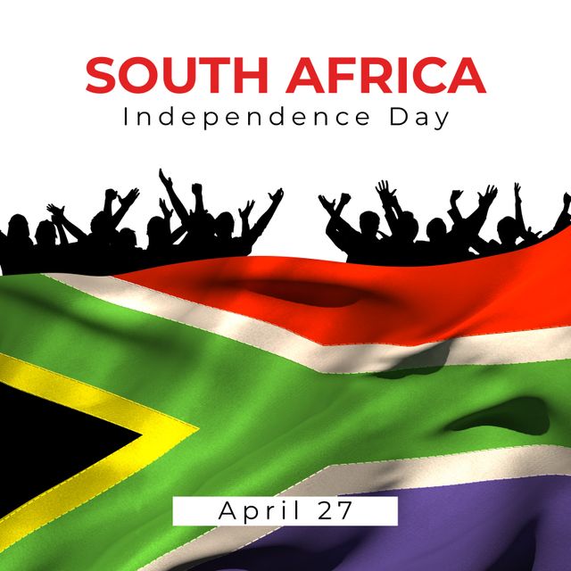 Illustration of crowd and south african flag with south africa independence day and april 27 text. Copy space, togetherness, enjoyment, patriotism, celebration, freedom and identity concept.