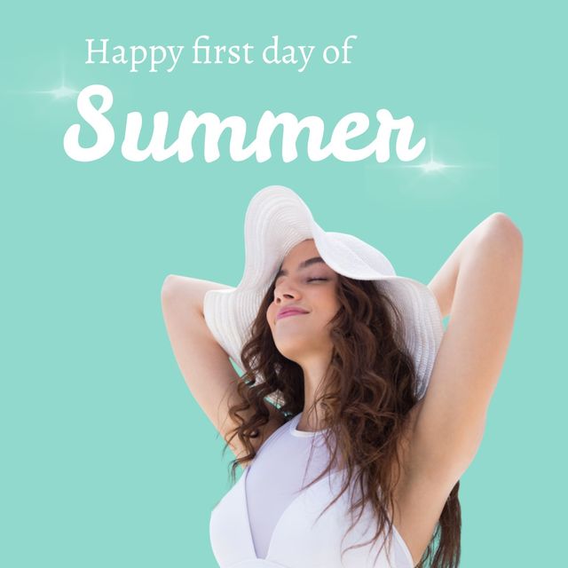 Digital composite image of first day of summer text over cauacsian woman wearing hat against sky. lifestyle and summer holiday concept.