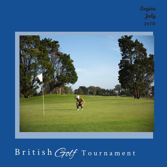 Date and text on frame with image of caucasian man crouching on golf course against sky. digital composite, sport, sportsperson, competition, nature, match and traditional sport concept.