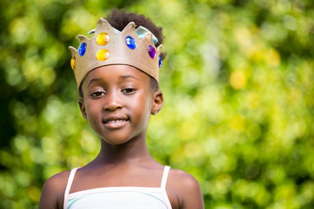 Portrait of a mixed-race girl smiling and wearing a crown on a park