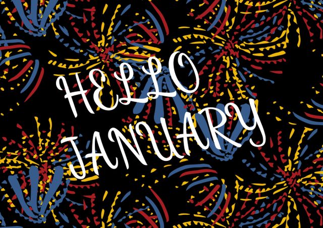 Digital composite image of hello january text over colorful confetti against black background - Download Free Stock Photos Pikwizard.com