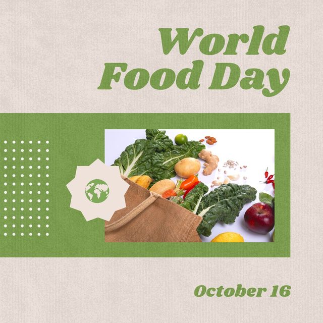 Image of world food day on beige background and vegetables in shopping bag. Food day, supplies and nutrition concept.