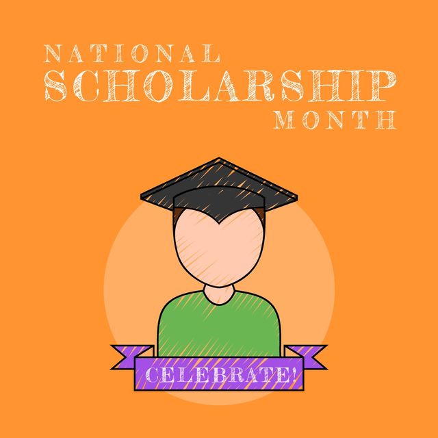 Illustration of boy wearing mortarboard and celebrate national scholarship month text, copy space. Orange, vector, graduation, education, opportunity and awareness concept.