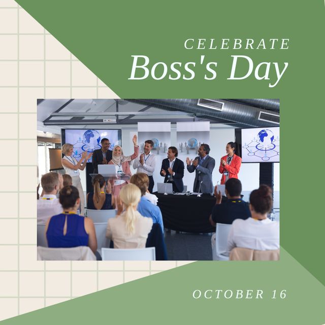 Image of celebrate boss day over diverse male boss and coworkers in office. Business, work and boss day concept.