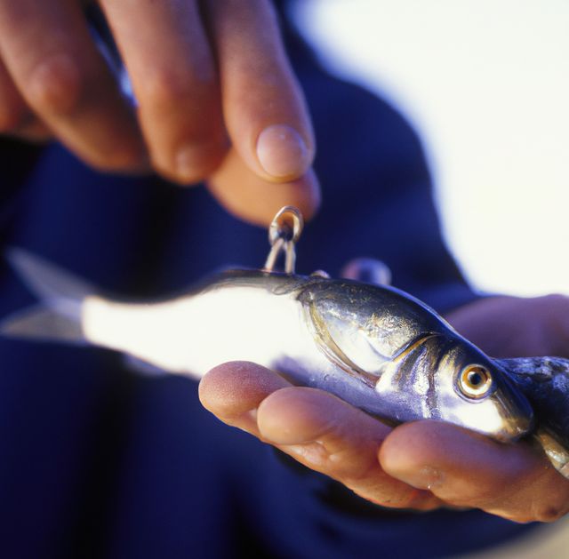 Free Photo  A person's hand holding fishing bait in the mouth of fish