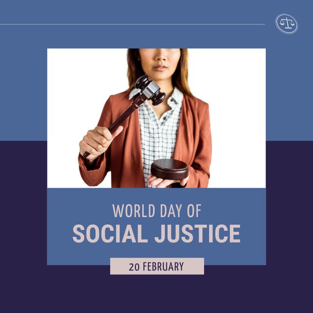 Composition of world day of social justice text and asian woman holding justice gavel. World day of social justice, court and justice system concept digitally generated image.